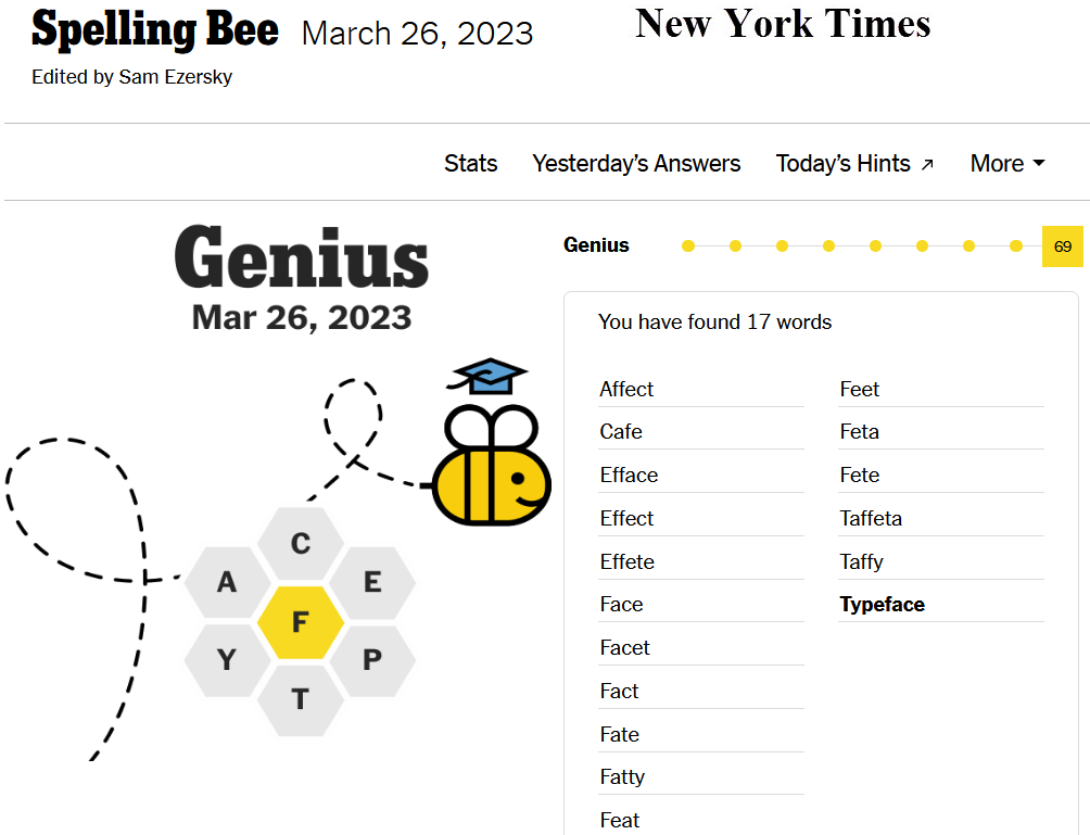 Screen capture of my "Genius" level words total. New York Times daily Spelling Bee, March 26, 2023. Used several words in my haiku.