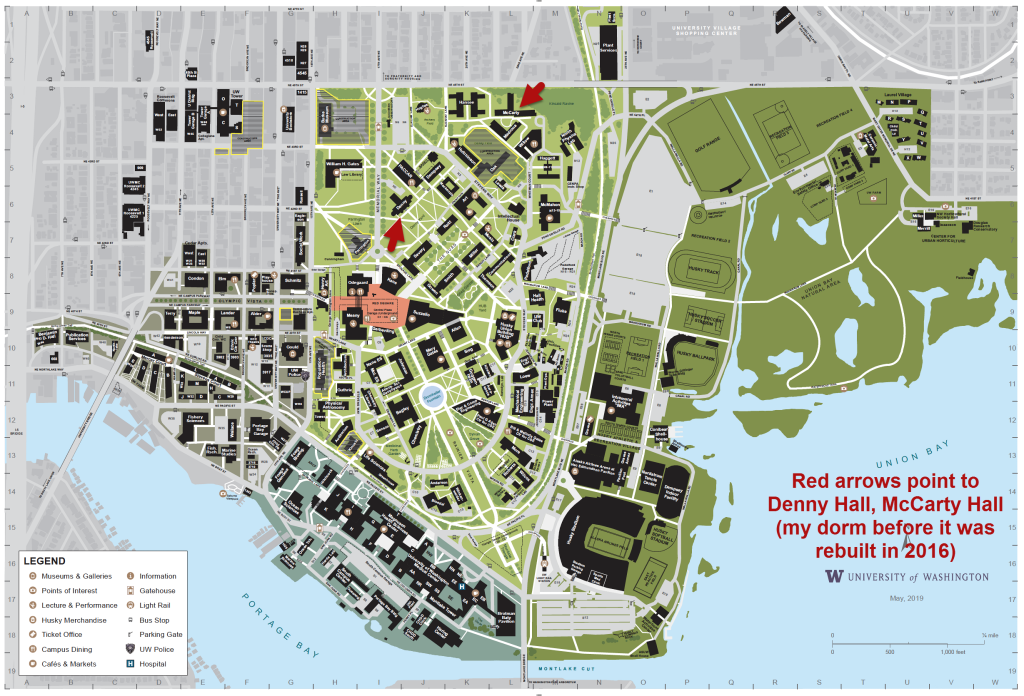 2019 color map of University of Washington, Seattle. Red arrow point to Denny Hall, oldest building on campus, built 1895. 2nd red arrow points to McCarty Hall, my dorm for 2 quarters, before it was rebuilt in 2016.